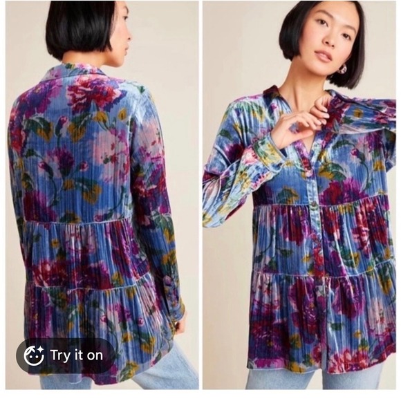 Maeve by Anthropologie Tops - Maeve Anthropologie Blue Floral Velvet Burnout Tiered Tunic Mini Dress Small